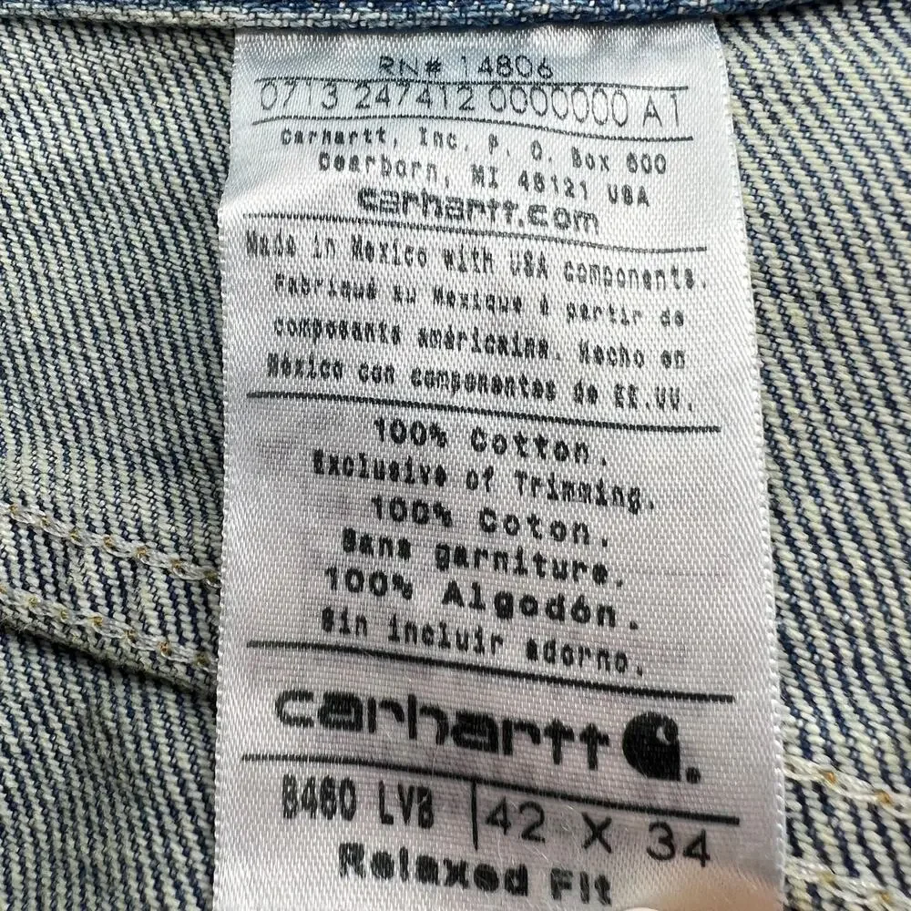 Carhartt Mens Relaxed Fit Jeans Style No. B 460 LVB Straight Leg Size 42x34 NEW